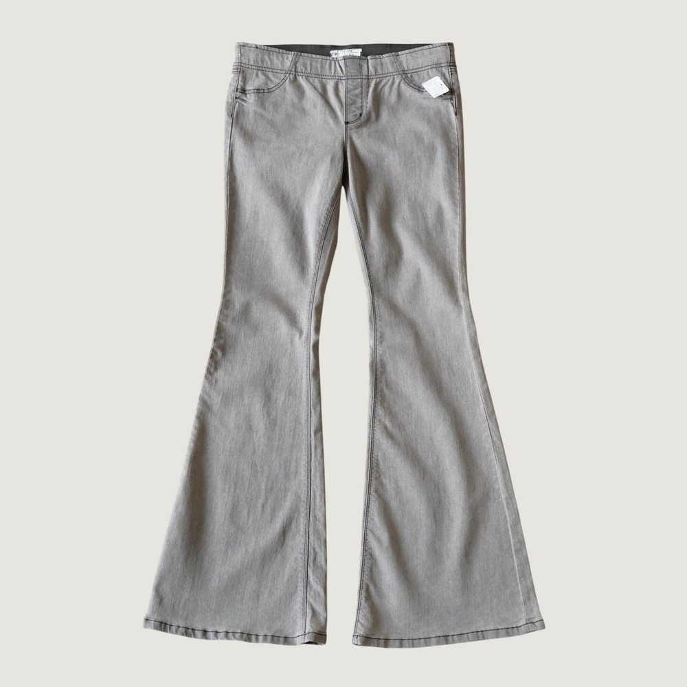 Free People Flare Jeans Charcoal Gray Elastic Waist Bell Bottom Denim 31 70s